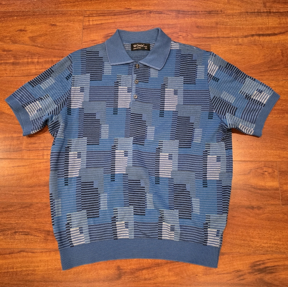 Vintage St. Croix Shop Knit Polo Shirt Size M Blue Cool Pattern